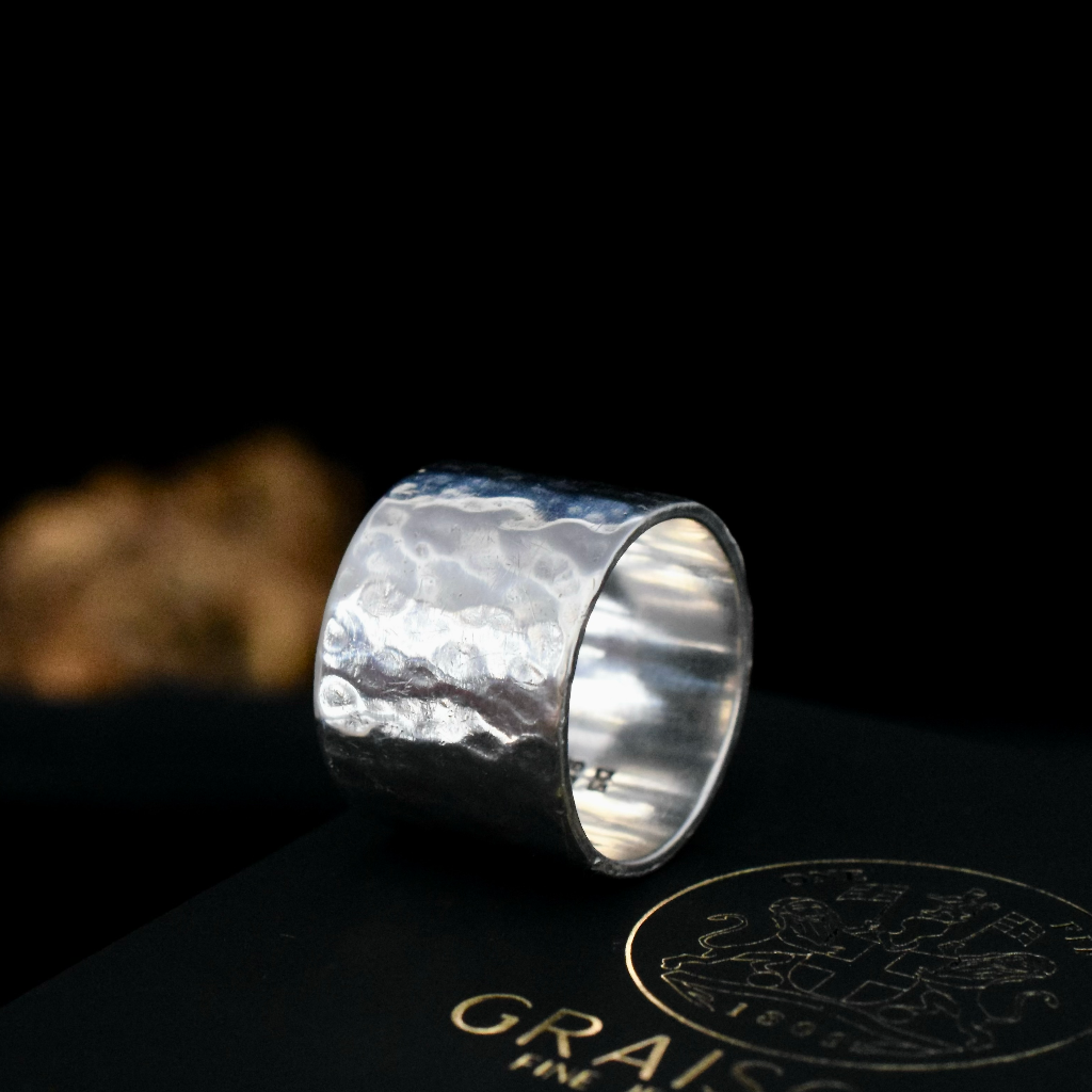 Vintage Wide ‘Hammered’ 950 Silver Cigar Band Ring