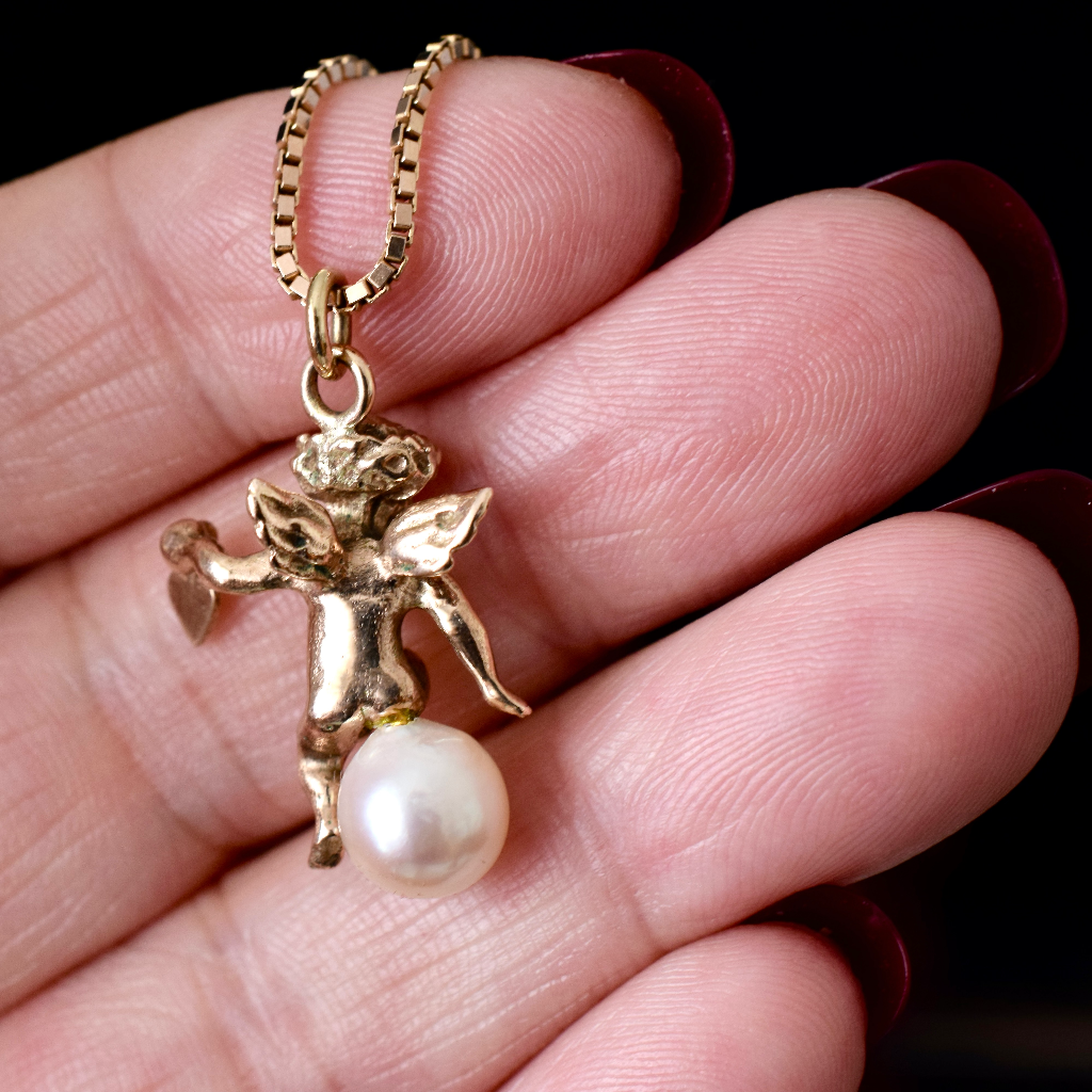 Modern 9ct Rose Gold Italian Box Chain And 9ct Rose Gold Angel Pearl Pendant