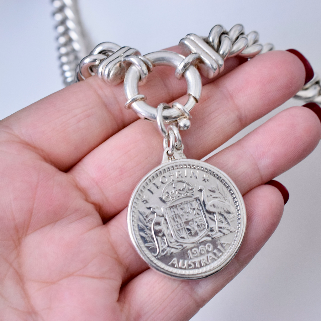 Modern Sterling Silver Heavy Curblink Chain And 1960 Australian Florin Pendent Necklace