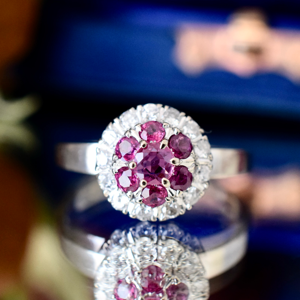 Modern 14ct White Gold Ruby And Diamond Halo Cluster Ring Independent Valuation Included For $4,000 AUD