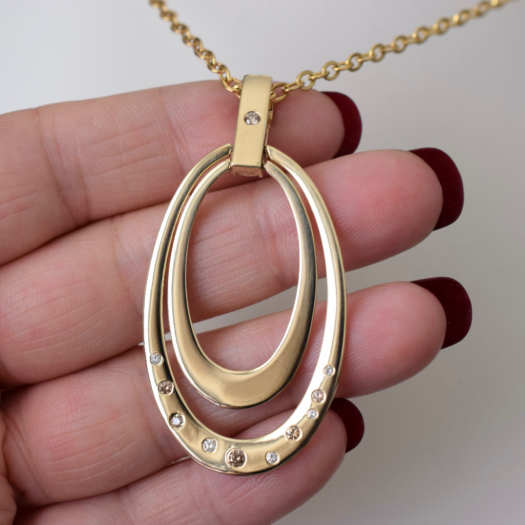 Modern 9ct Yellow Gold Champagne And White Diamond Set Pendant