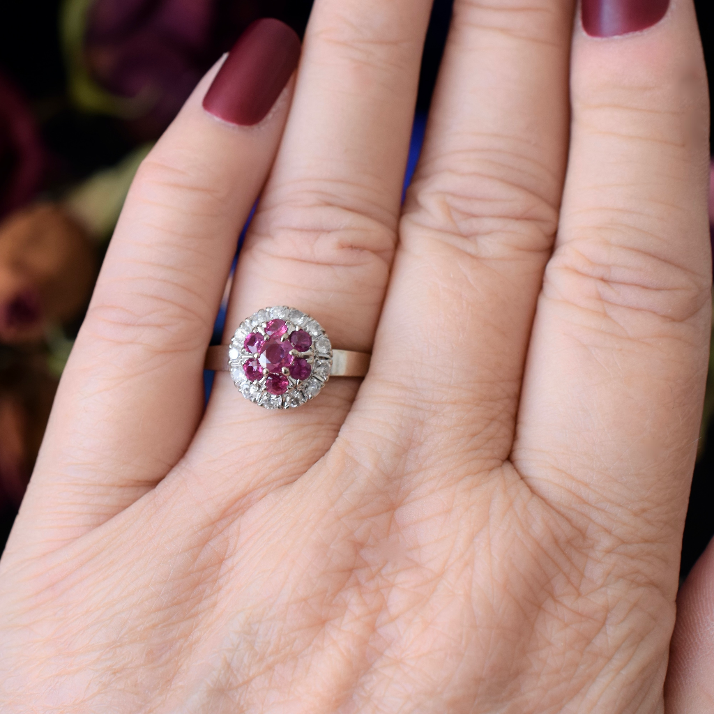 Modern 14ct White Gold Ruby And Diamond Halo Cluster Ring Independent Valuation Included For $4,000 AUD