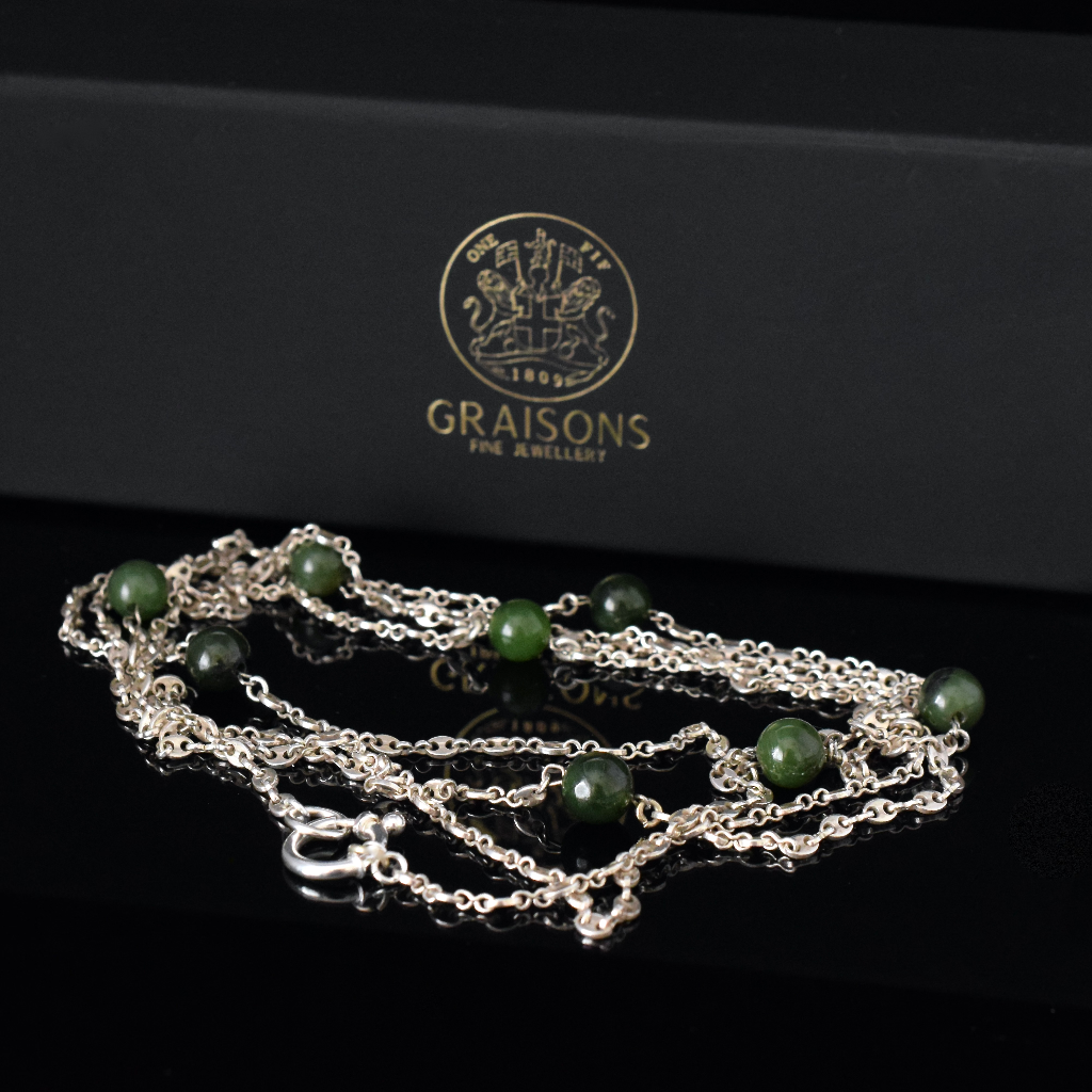 Sterling Silver And Nephrite Jade Long Guard ‘Marriner Link’ Chain 136cm