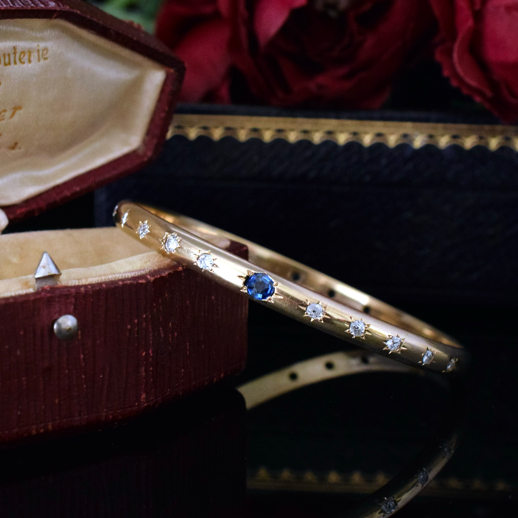 Modern Bespoke 9ct Yellow Gold Ceylonese Sapphire And Diamond Bangle Independent Valuation Included In Purchase For $8000 AUD