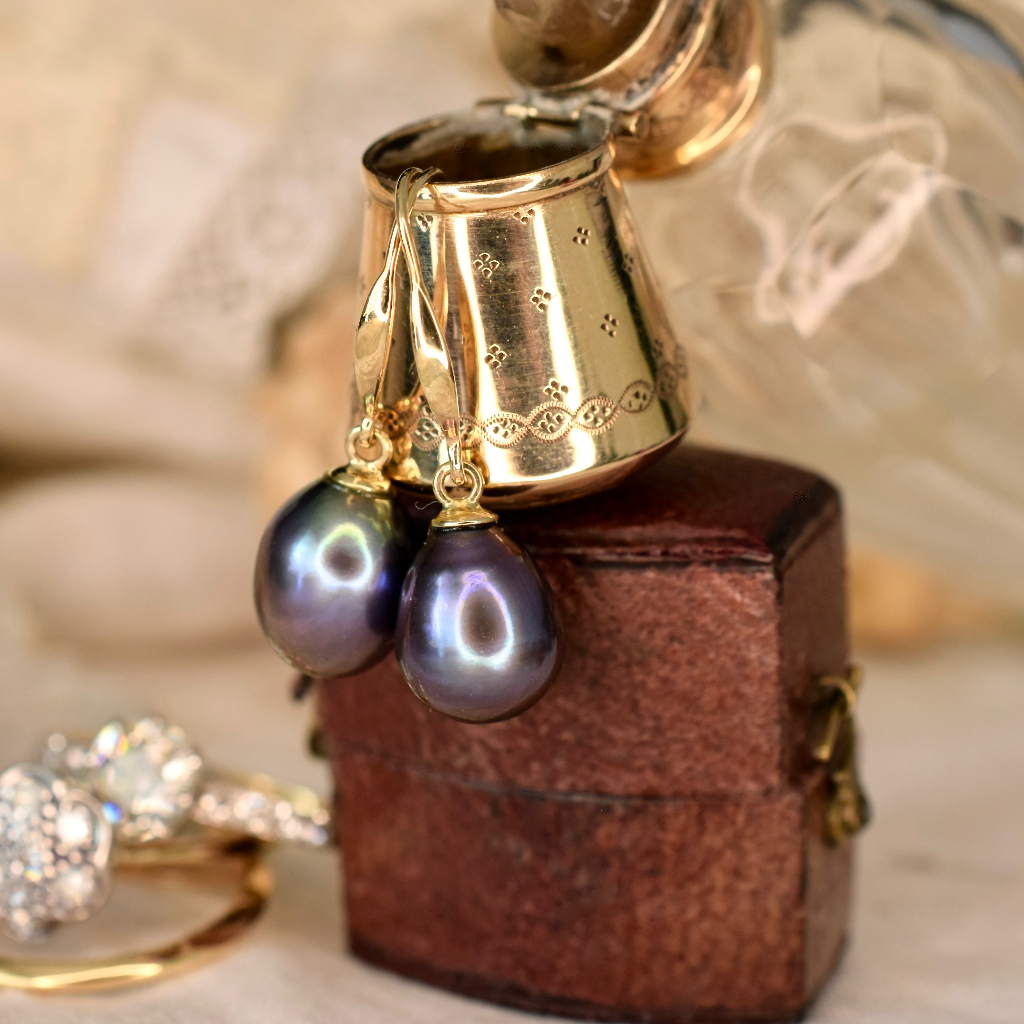 Modern 9ct Yellow Gold Baroque Tahitian Pearl Drop Earrings