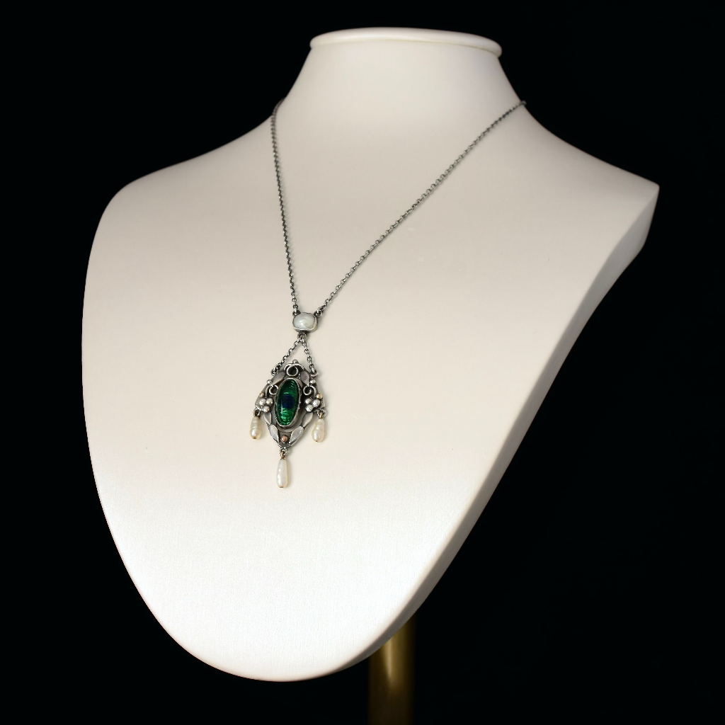 Antique Arts & Crafts Sterling Silver Peacock Enamel Pendant 1904