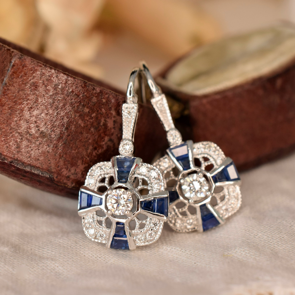 Art Deco Style 18ct White Gold Diamond And Sapphire Earrings