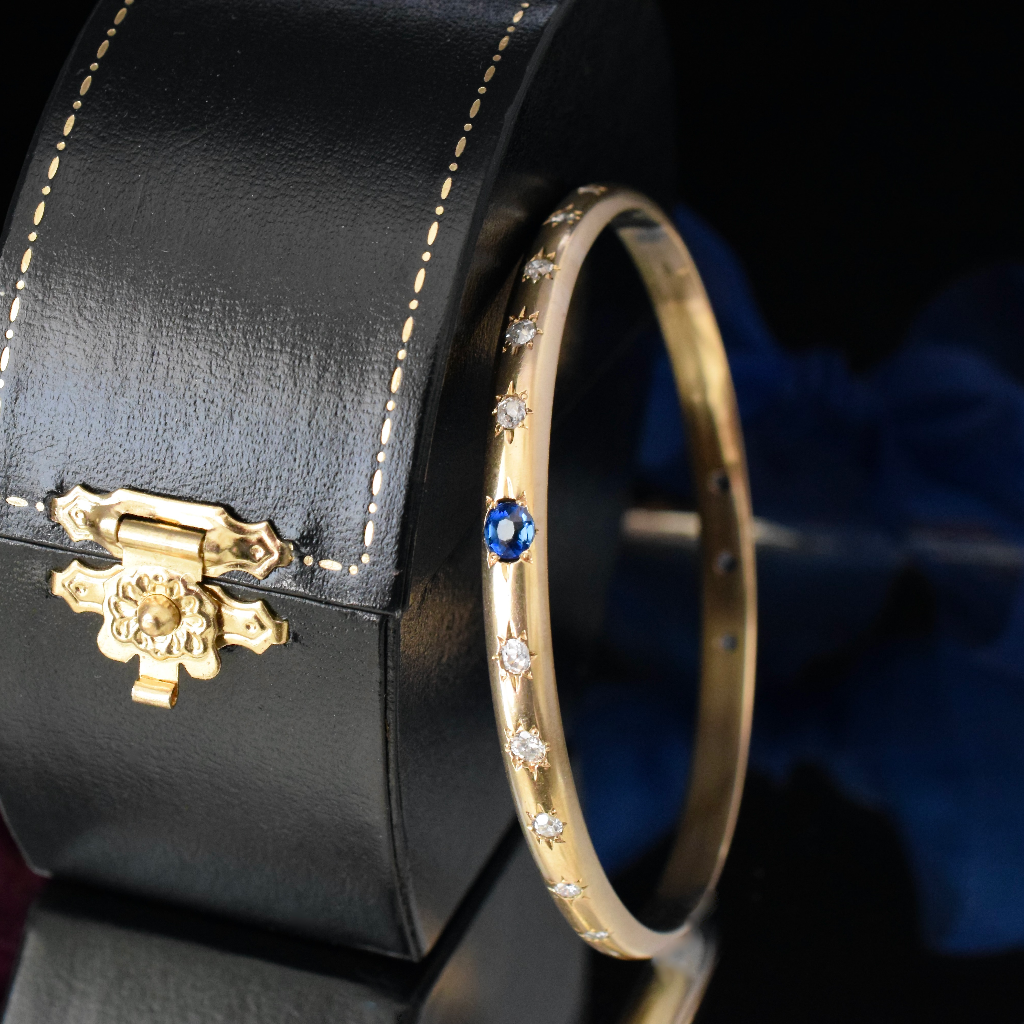 Modern Bespoke 9ct Yellow Gold Ceylonese Sapphire And Diamond Bangle Independent Valuation Included In Purchase For $8000 AUD