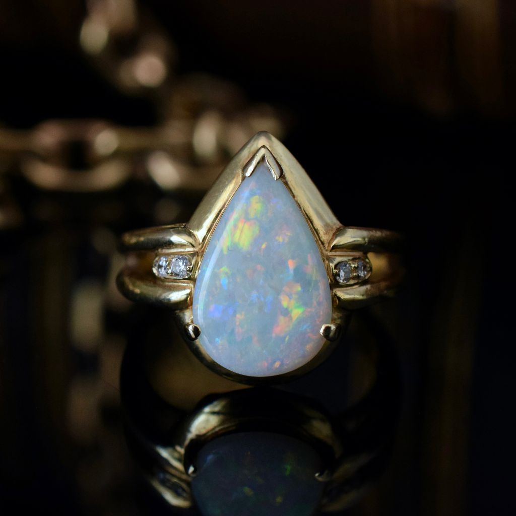 Modern 14ct Yellow Gold Solid Opal Diamond Ring