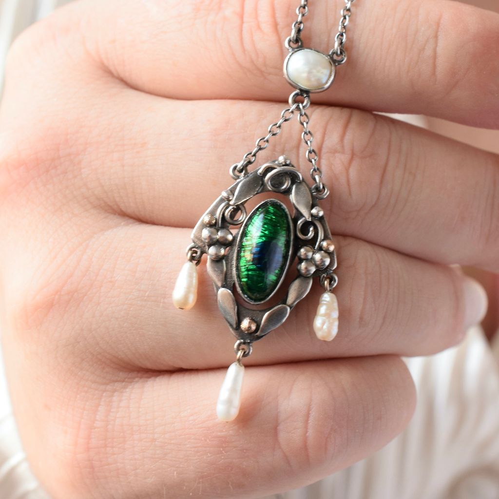 Antique Arts & Crafts Sterling Silver Peacock Enamel Pendant 1904