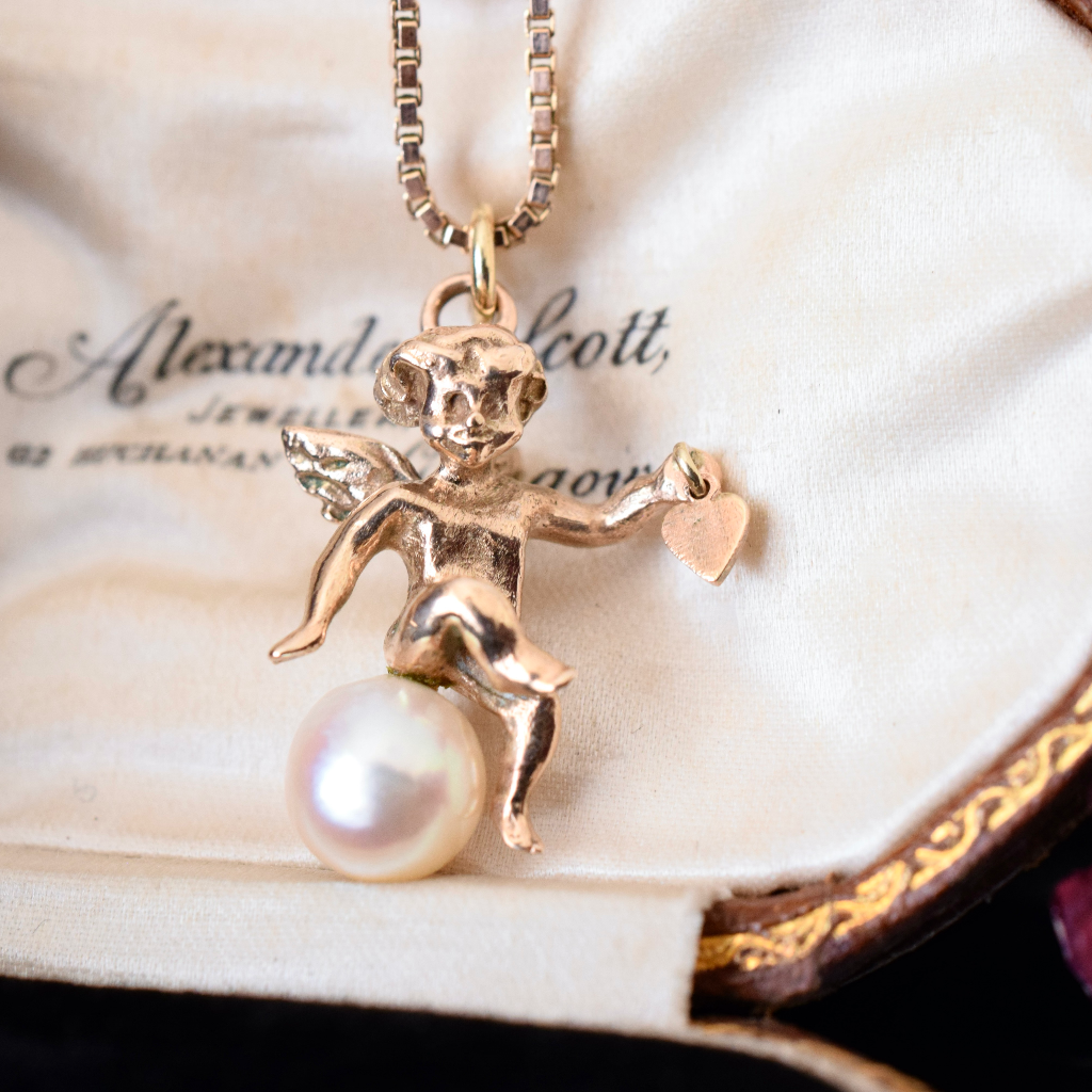 Modern 9ct Rose Gold Italian Box Chain And 9ct Rose Gold Angel Pearl Pendant