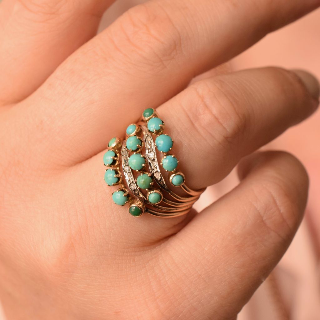 Early To Mid Century 14ct Rose Gold Turquoise And Diamond ‘Harem’ Ring