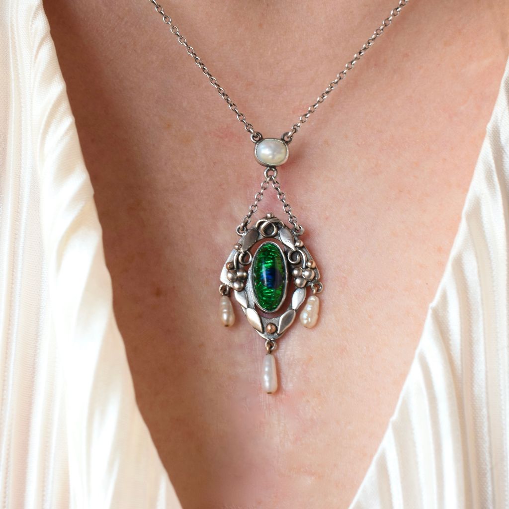 Antique Arts & Crafts Sterling Silver Peacock Enamel Pendant 1904