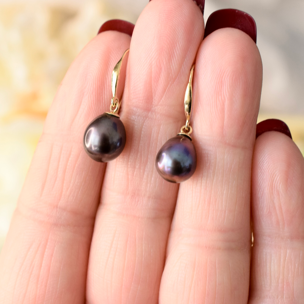 Modern 9ct Yellow Gold Baroque Tahitian Pearl Drop Earrings