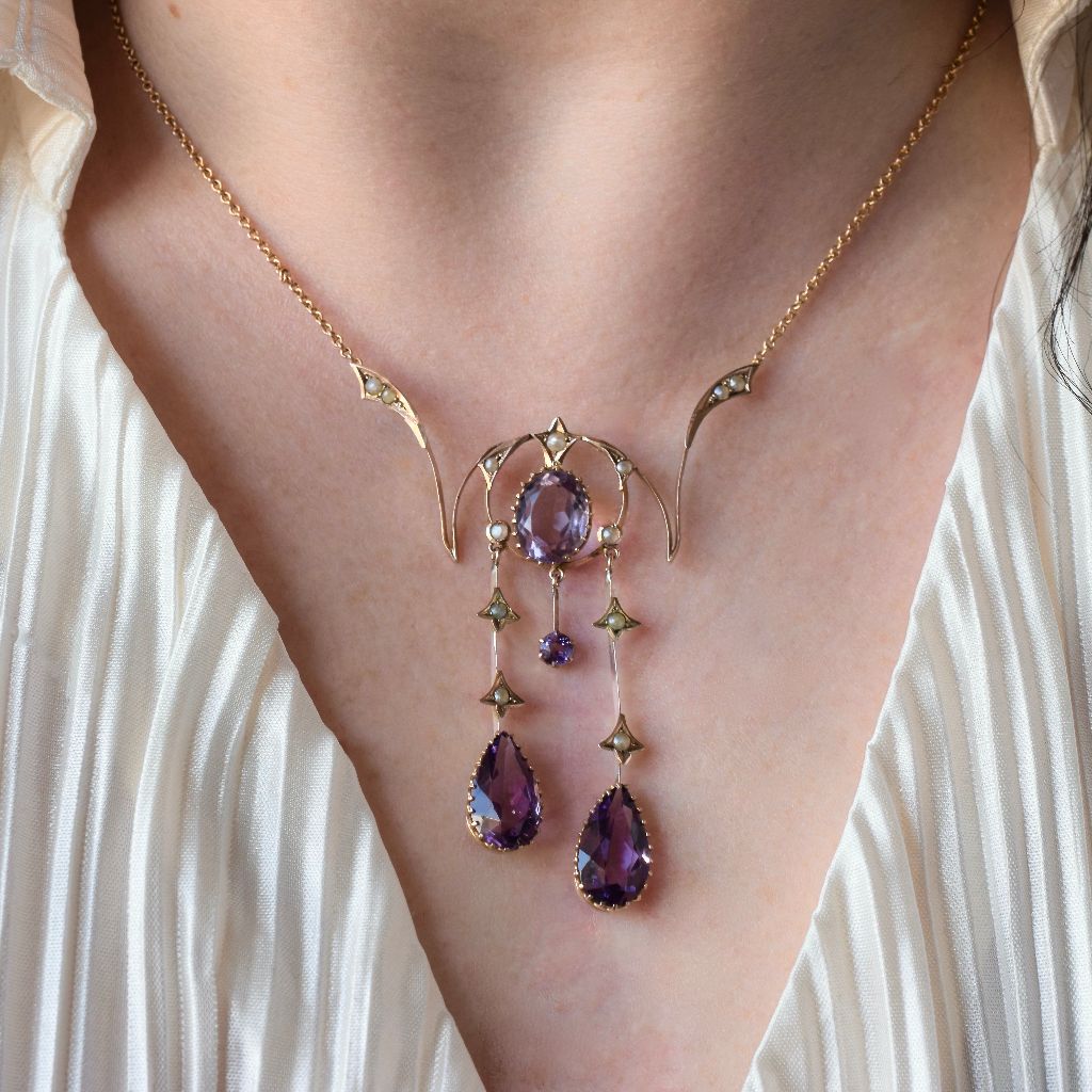 Antique Art Nouveau/Edwardian 9ct Rose Gold Amethyst Lavaliere Circa 1905