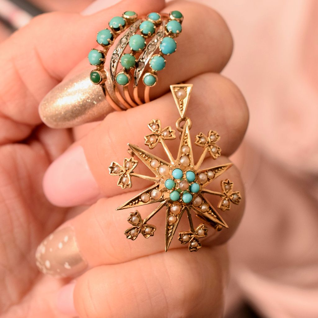 Early To Mid Century 14ct Rose Gold Turquoise And Diamond ‘Harem’ Ring