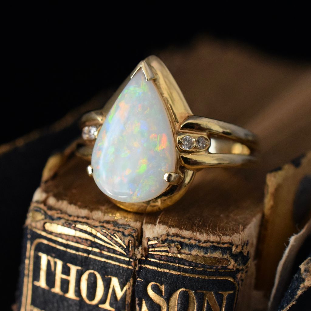 Modern 14ct Yellow Gold Solid Opal Diamond Ring