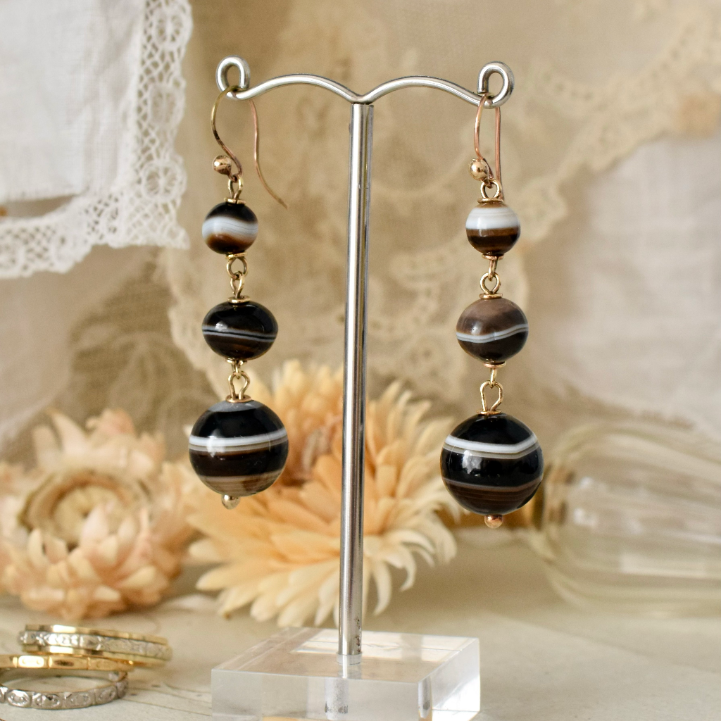 Antique 9ct Gold Banded Agate Drop Earrings Circa 1890