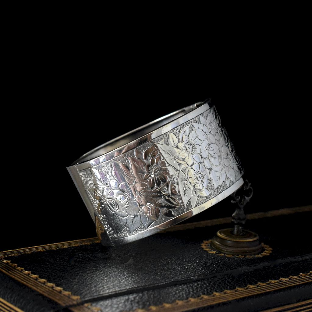 Antique Victorian Sterling Silver Floral Chased Bangle Birmingham 1883