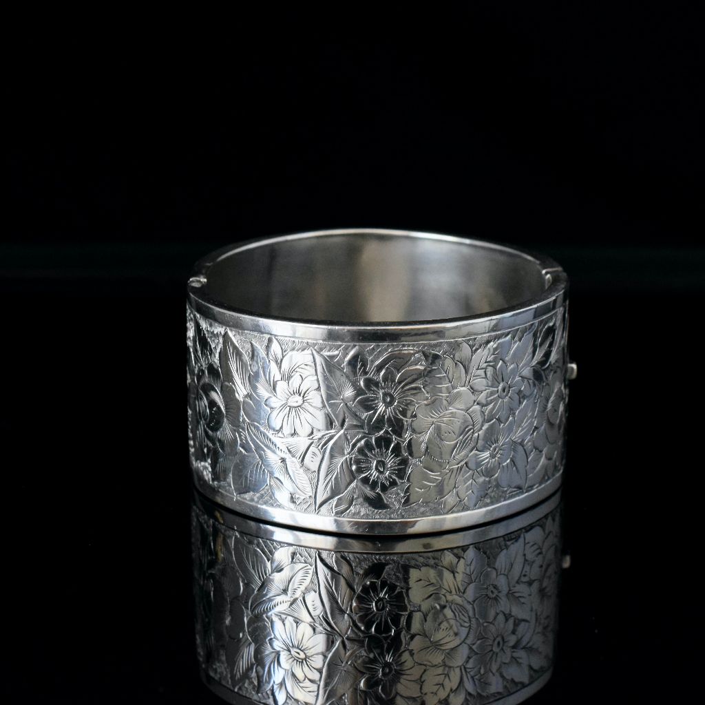 Antique Victorian Sterling Silver Floral Chased Bangle Birmingham 1883