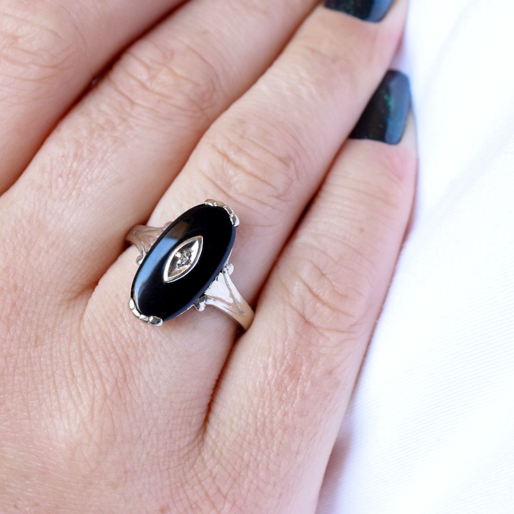Vintage 10k White Gold Onyx Diamond Ring By Davidson & Sons New York