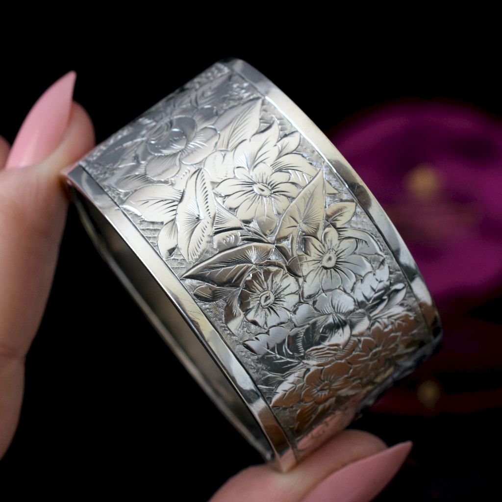 Antique Victorian Sterling Silver Floral Chased Bangle Birmingham 1883