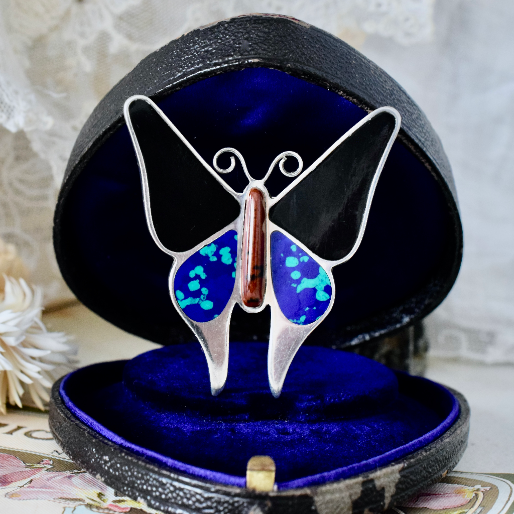 Mexican 950 Silver Azurite And Onyx Butterfly Brooch