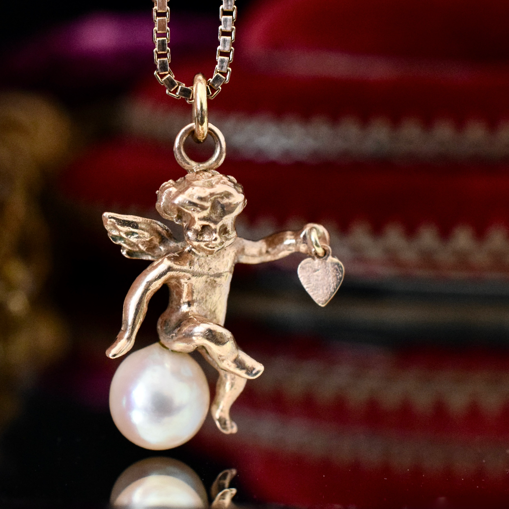 Modern 9ct Rose Gold Italian Box Chain And 9ct Rose Gold Angel Pearl Pendant