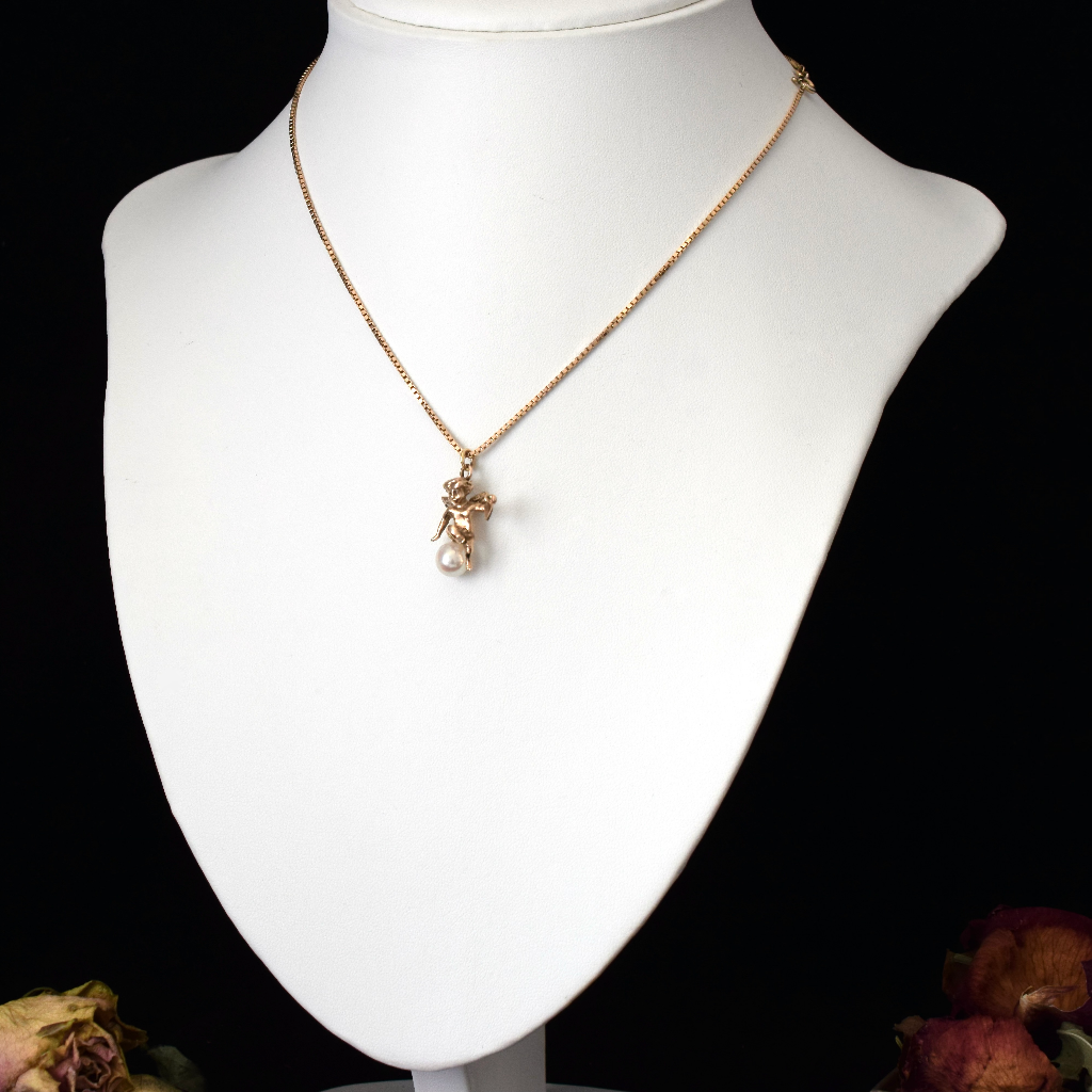 Modern 9ct Rose Gold Italian Box Chain And 9ct Rose Gold Angel Pearl Pendant