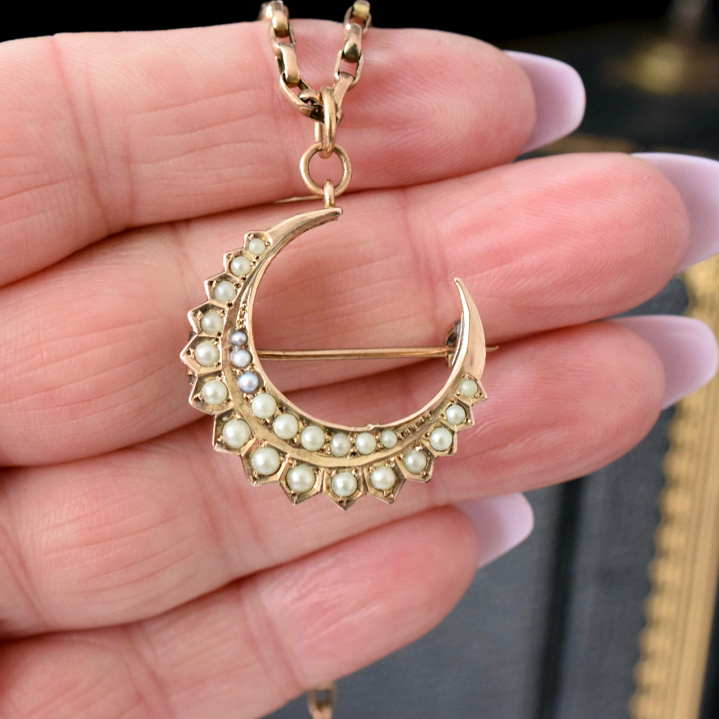 Antique 9ct Rose Gold Crescent Brooch/Pendant by Aronson & Co.