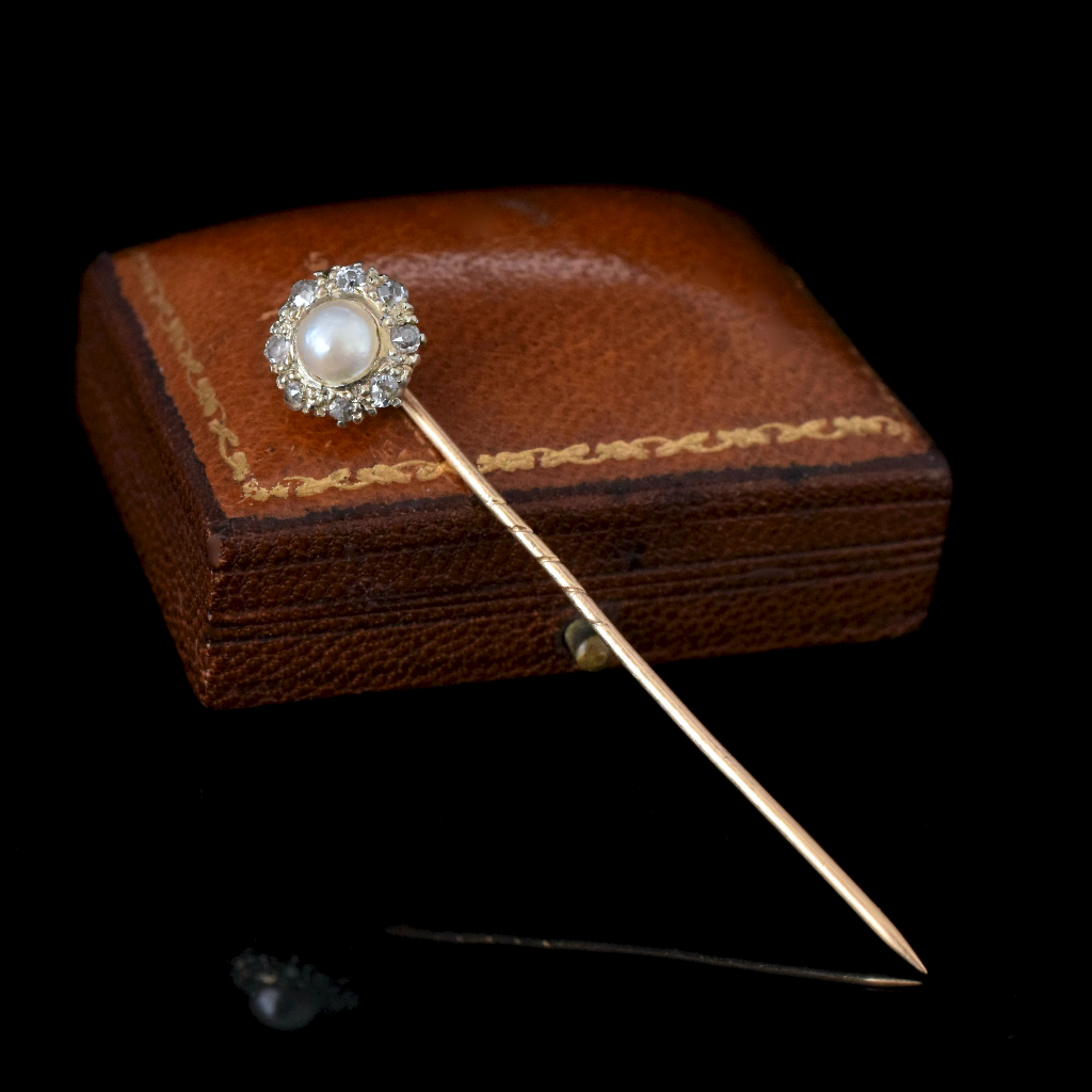 Antique Victorian/Edwardian 15ct Rose Gold Diamond And Pearl Stick Pin Circa 1900