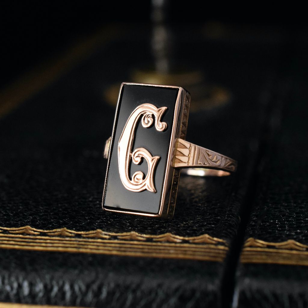 Antique Art Deco 9ct Rose Gold Onyx ‘G’ Monogram Ring Circa 1925