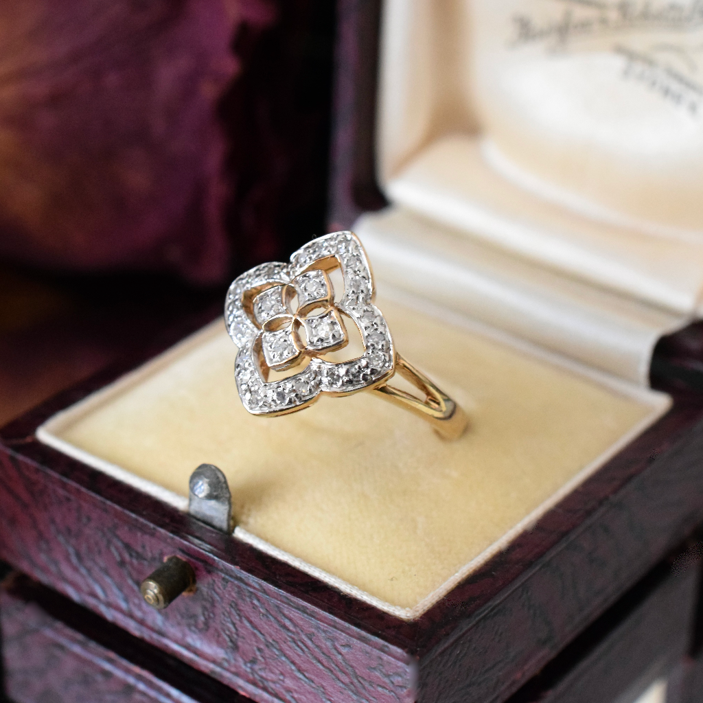 Modern 9ct Yellow Gold Quatrefoil Shaped Diamond Ring