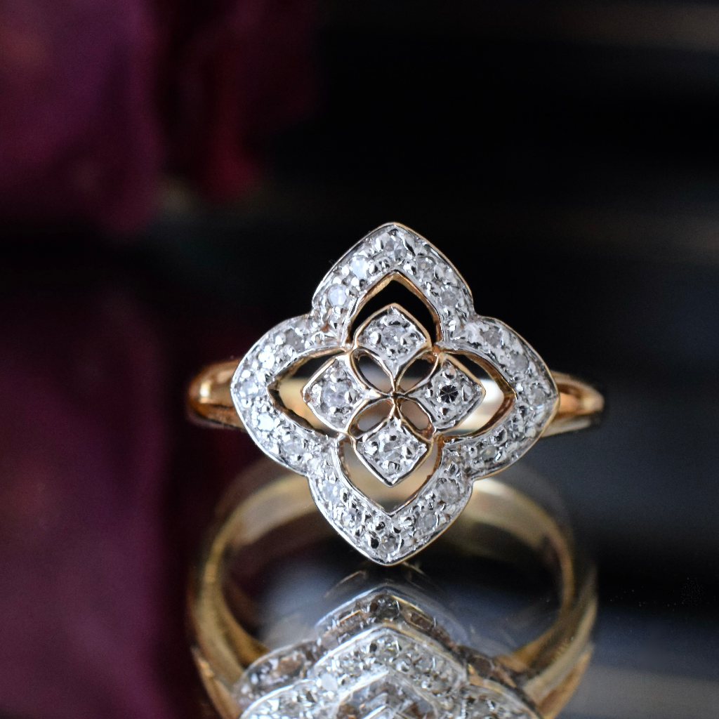Modern 9ct Yellow Gold Quatrefoil Shaped Diamond Ring