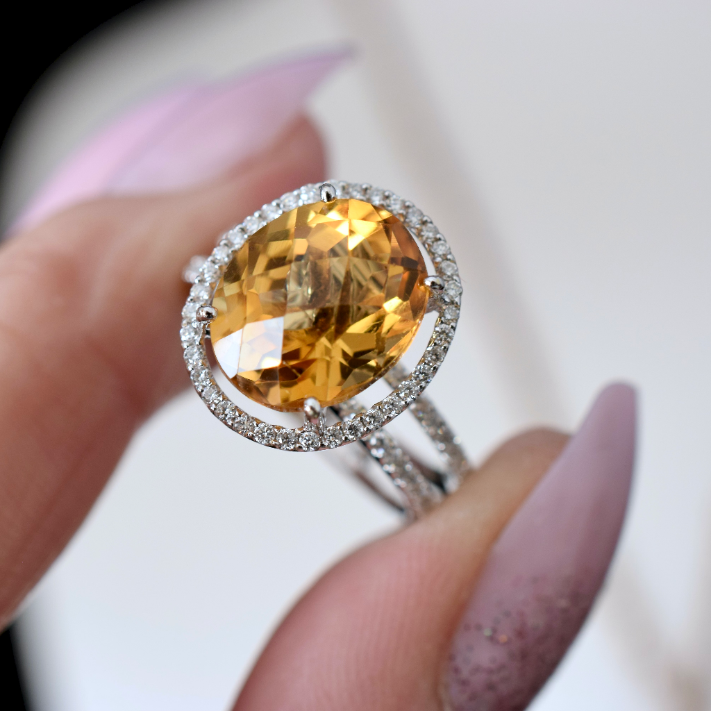 Modern 18ct White Gold Citrine And Diamond Ring