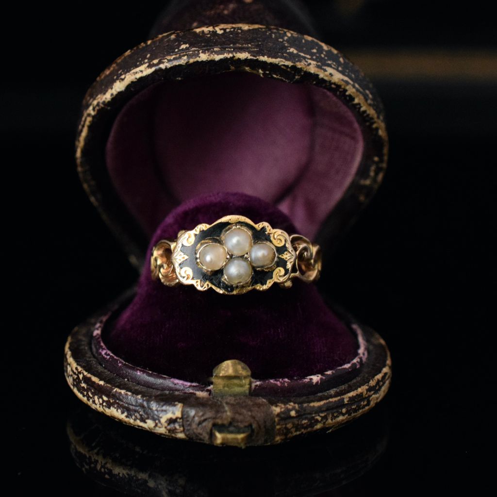 Antique Victorian 15ct Black Enamel Seed Pearl Ring Birmingham 1868