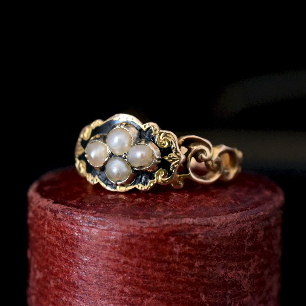 Antique Victorian 15ct Black Enamel Seed Pearl Ring Birmingham 1868