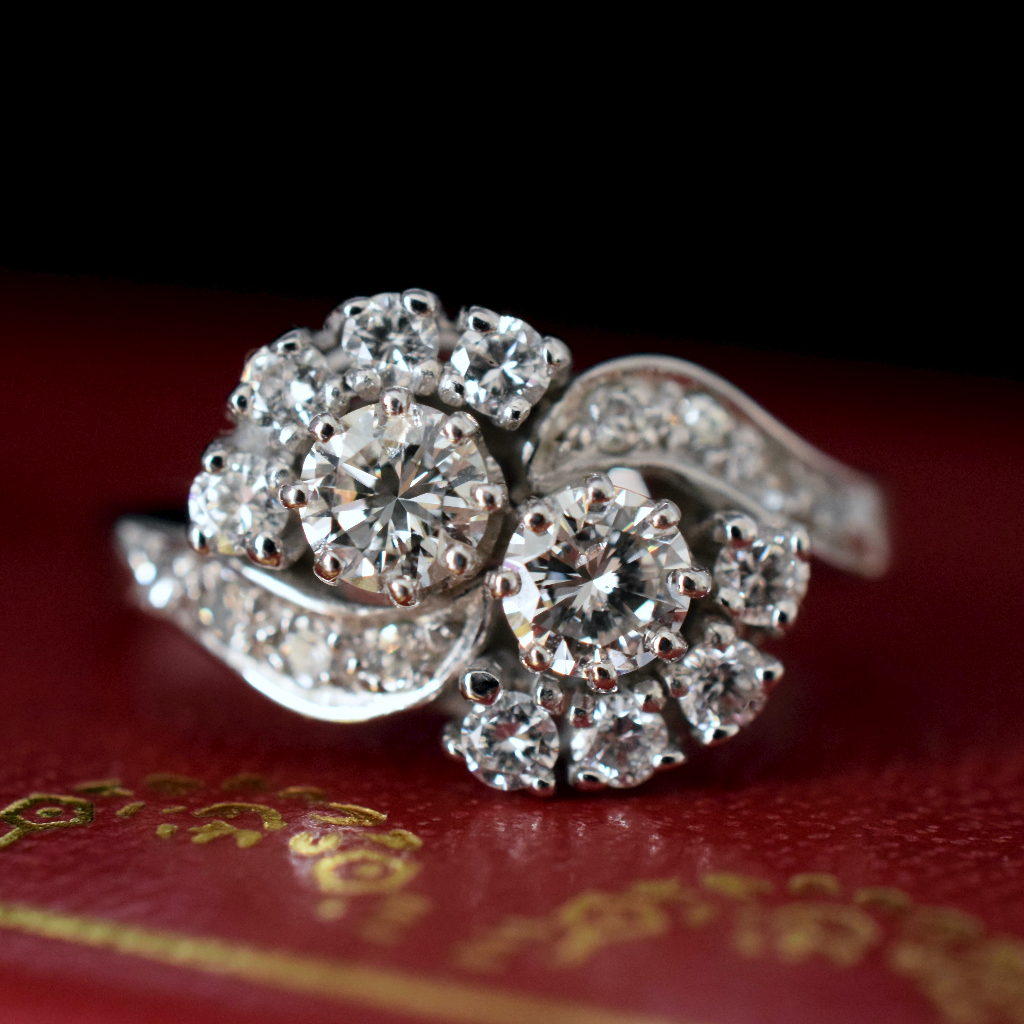 Vintage 14ct White Gold Diamond Cluster ‘Toi et Moi’ Ring 0.85ct