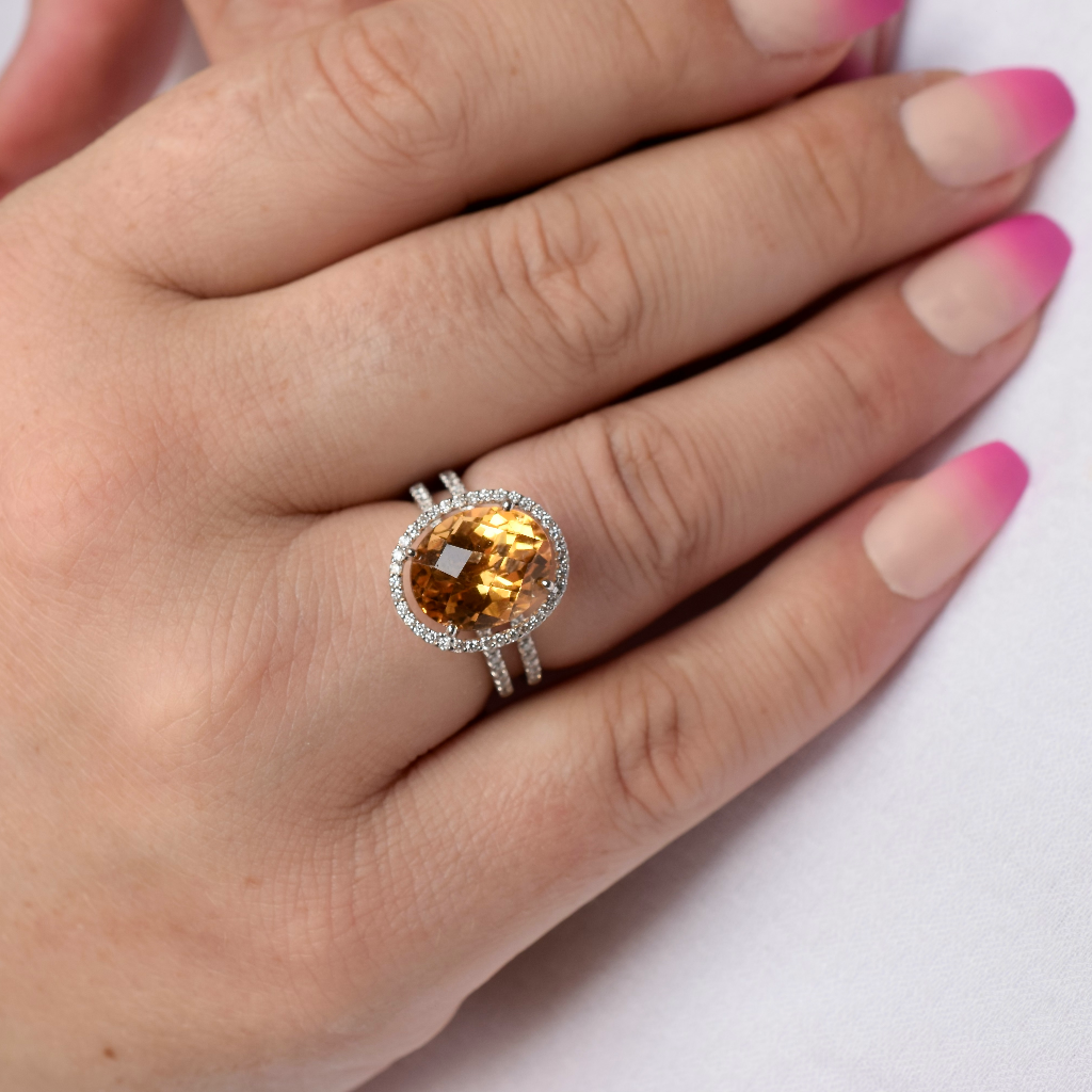 Modern 18ct White Gold Citrine And Diamond Ring
