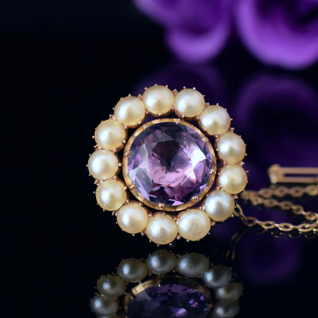 Antique Georgian/Early Victorian 12ct Rose Gold Amethyst And Pearl Brooch