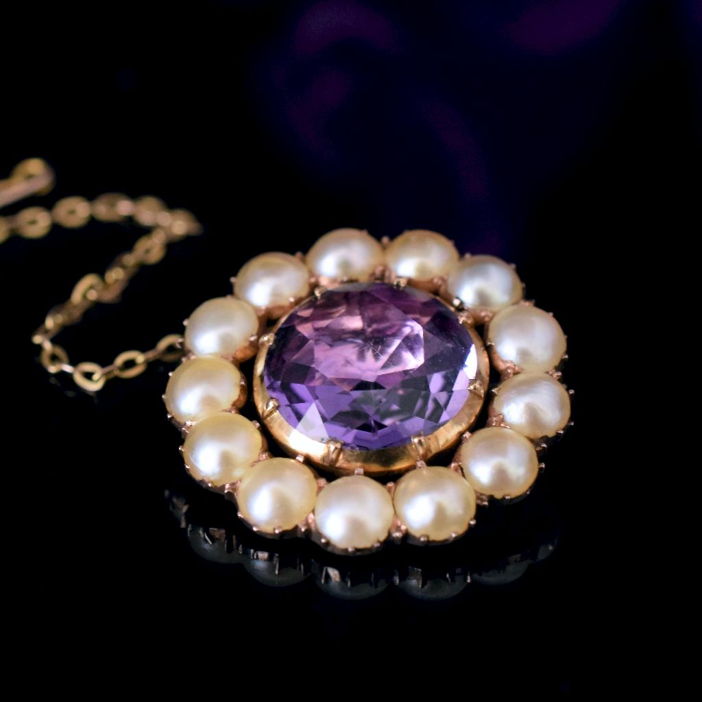 Antique Georgian/Early Victorian 12ct Rose Gold Amethyst And Pearl Brooch