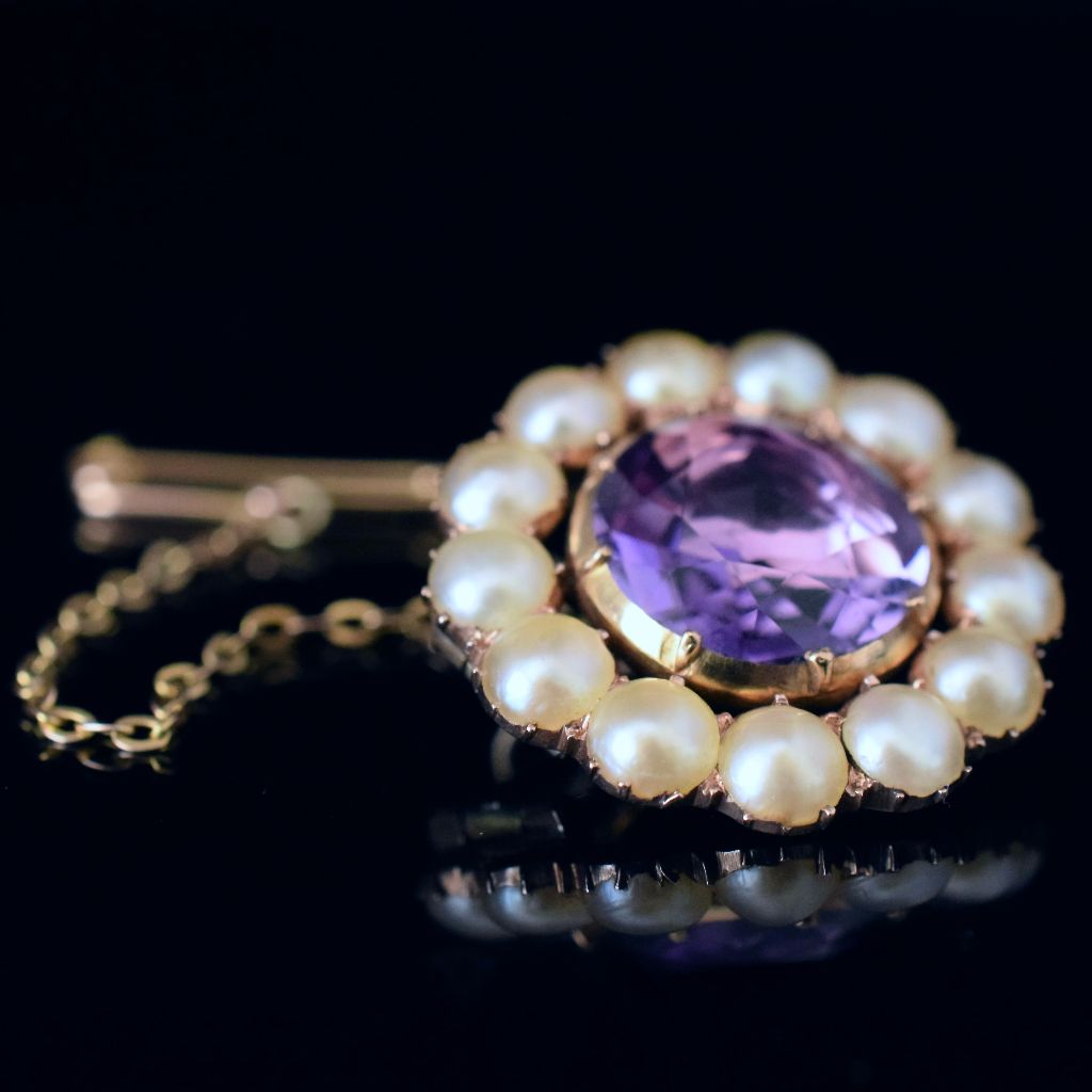 Antique Georgian/Early Victorian 12ct Rose Gold Amethyst And Pearl Brooch