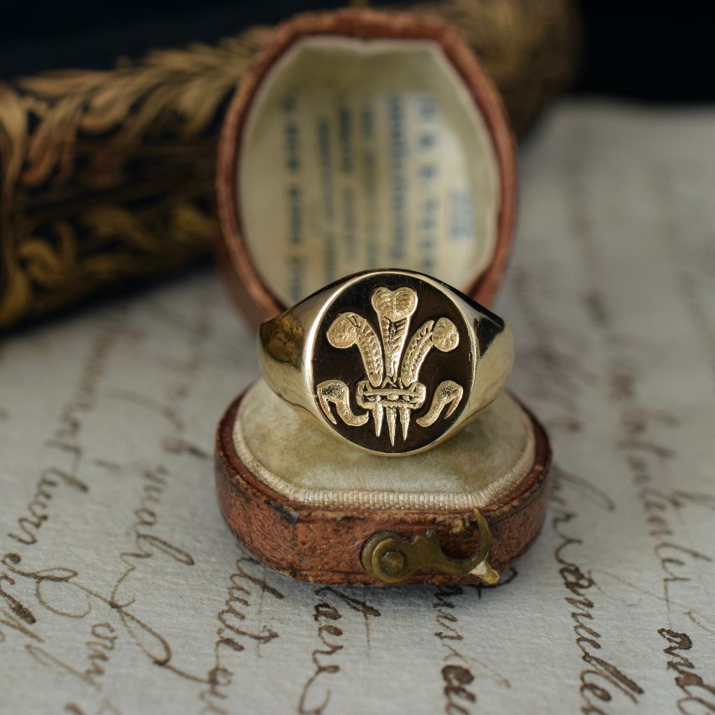 Modern 9ct Yellow Gold Signet Ring ‘Prince Of Wales Feathers’