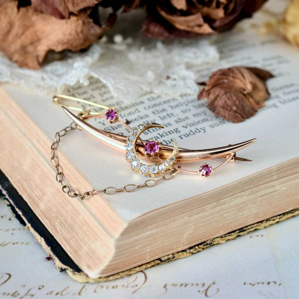Antique Australian 15ct Rose Gold Diamond Pink Spinel Crescent Brooch Circa 1900