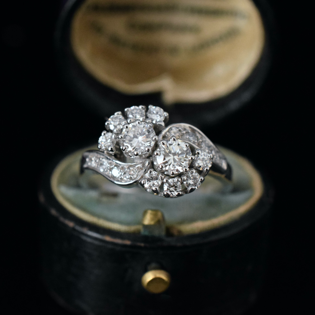 Vintage 14ct White Gold Diamond Cluster ‘Toi et Moi’ Ring 0.85ct