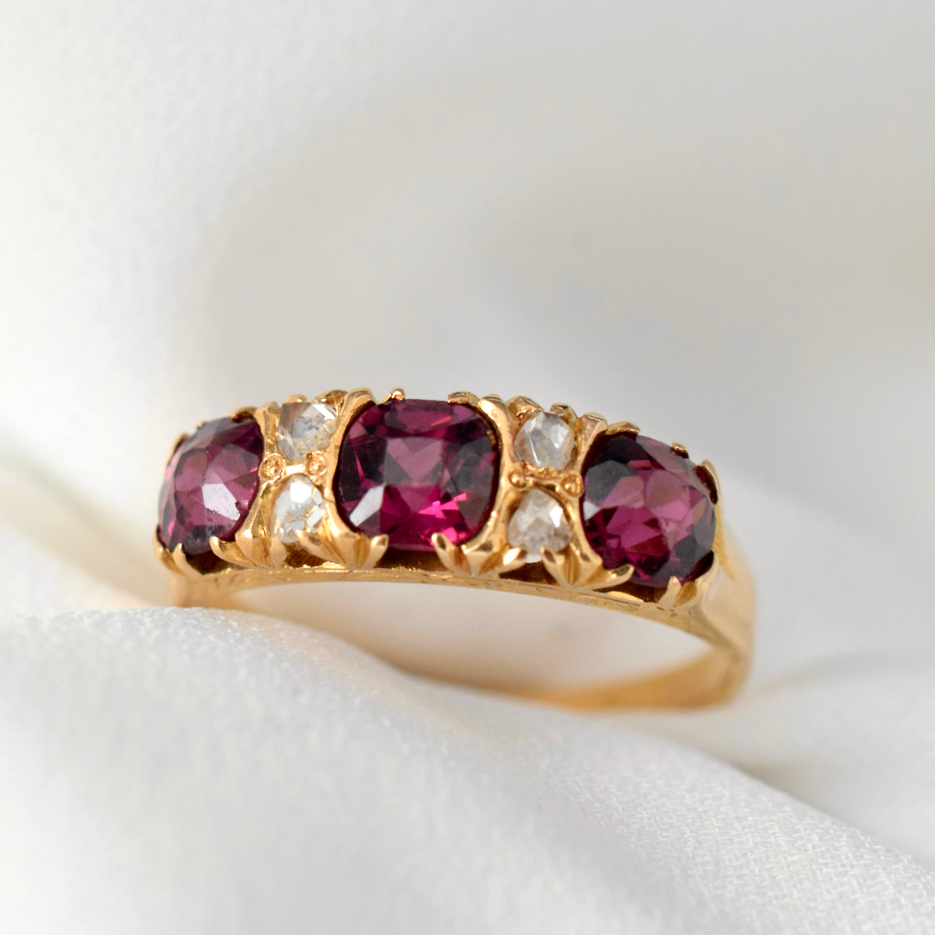 Antique Victorian 18ct Yellow Gold Garnet And Rose-Cut Diamond Ring 1876