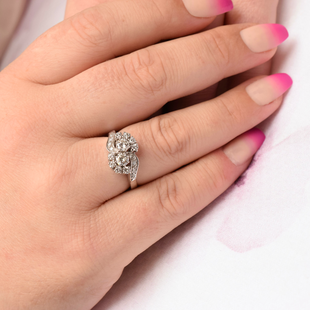 Vintage 14ct White Gold Diamond Cluster ‘Toi et Moi’ Ring 0.85ct