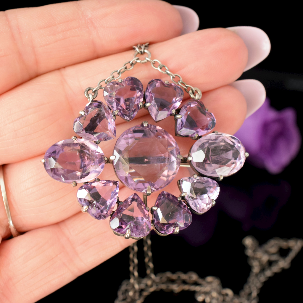 Antique Carved Heart Amethyst Sterling Silver Pendant/Brooch Circa 1910