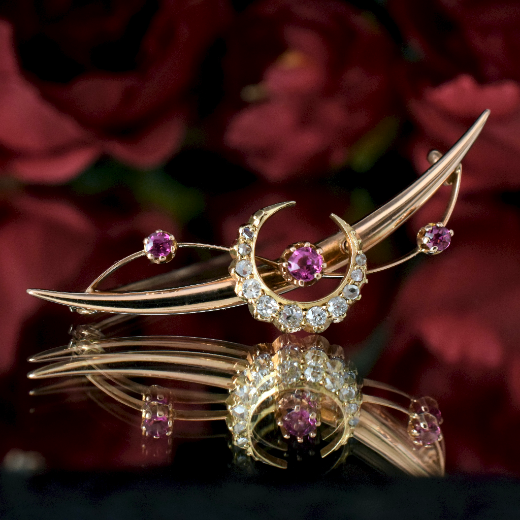 Antique Australian 15ct Rose Gold Diamond Pink Spinel Crescent Brooch Circa 1900