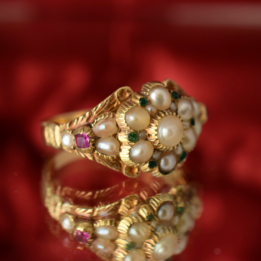 Georgian 15ct Pearl Ruby Emerald Flower Head Ring Circa 1820
